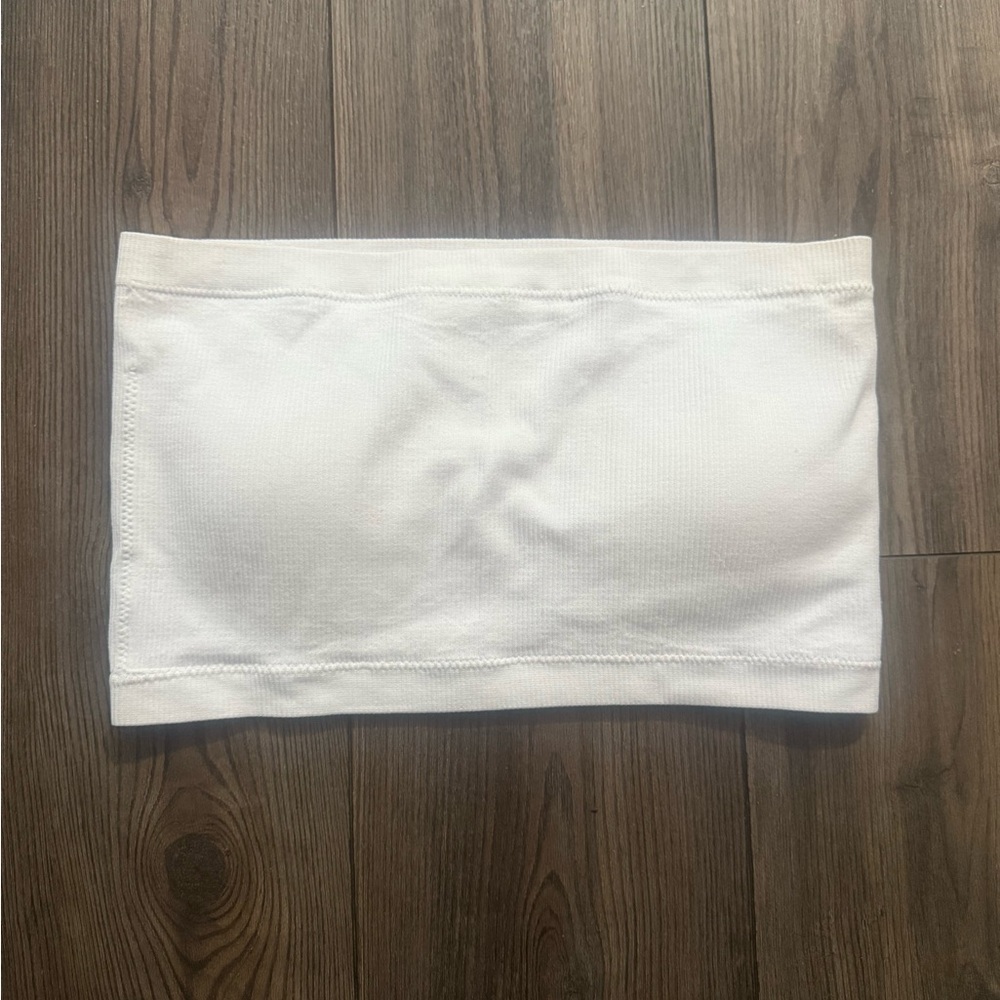 White Seamless Ribbed Bandeau Tube Top Stretch Strapless Boutique XL